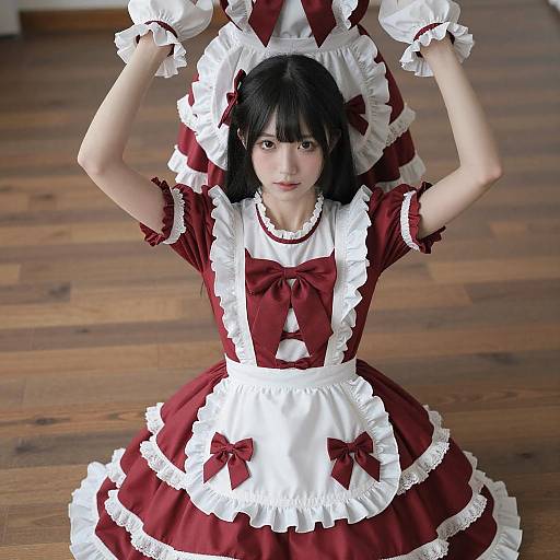 Asian Woman in Red and White Frilled Dress