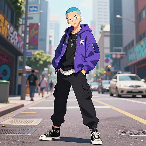 Buzz Cut Anime Hero in Urban Scene
