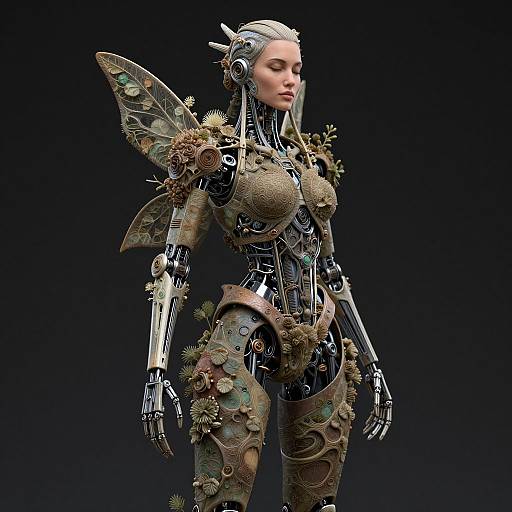 CGI image of a female humanoid robot with intricate, steampunk-style wings, floral armor, and metallic joints, set against a black background.