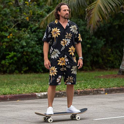 Photograph of a bearded man with long hair, wearing a black floral shirt and shorts, white sneakers, skateboarding on a street. Lush