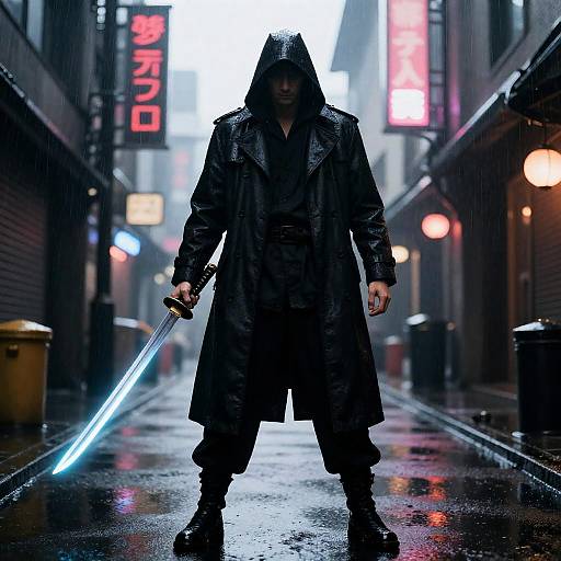 Rain-Drenched Neon Street Samurai Full Body