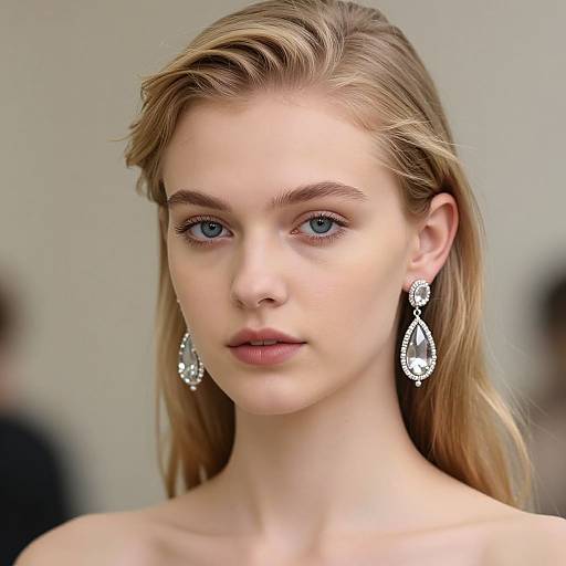 Photograph of a fair-skinned, blonde woman with blue eyes, wearing large teardrop diamond earrings, against a blurred gray background.
