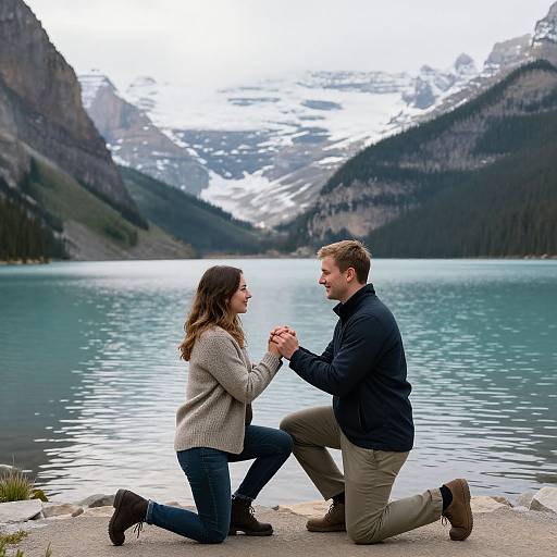 Photograph of a couple kneeling on a lakeshore, holding hands, with snow-capped mountains and a serene blue lake in the background.