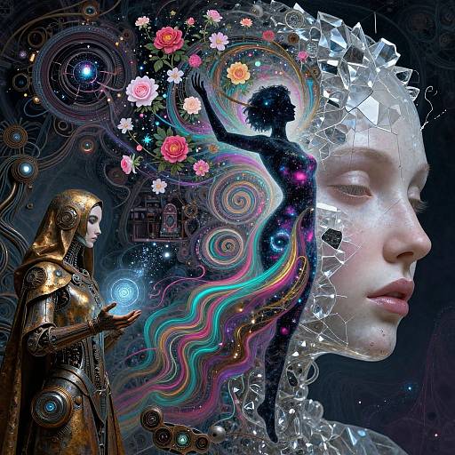 Digital surreal artwork: robotic nun beside ethereal, glass-faced woman with colorful, flower-adorned, rainbow-hued, cosmic hair; dark,