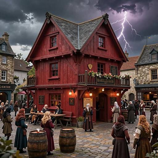 Photograph of a stormy, medieval village scene with a red wooden tavern, patrons in medieval clothing, wooden barrels, and a striking lightning bolt.