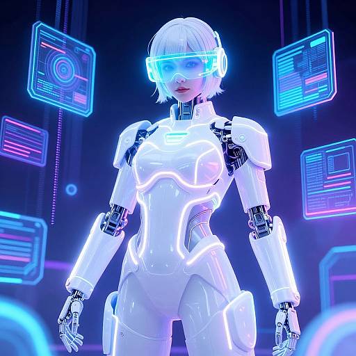 CGI image of a futuristic, white, female android with glowing neon blue visor, in a cybernetic environment with floating holographic screens.