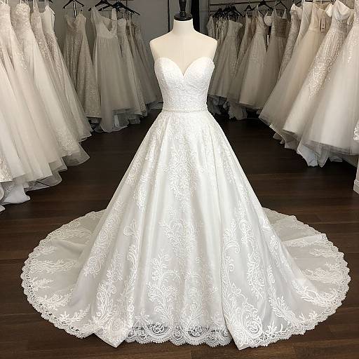 Photograph of a white lace wedding dress on a mannequin, surrounded by similar dresses on hangers in a dimly lit showroom.