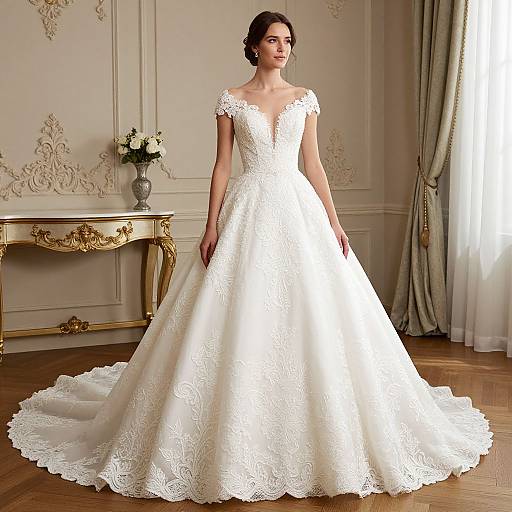 Photograph of a young woman with dark hair in an elegant white lace wedding gown with cap sleeves, standing in a luxurious, ornately decorated room with