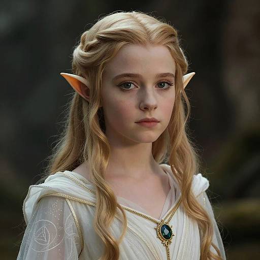 Digital CGI of a young, blonde, elf girl with pointed ears, wearing a white, sheer dress with gold trim and a green pendant, set against