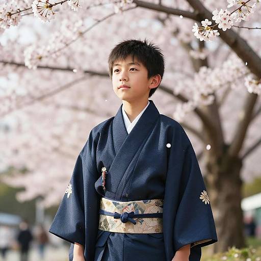Japanese Boy in Kimono Amid Cherry Blossoms
