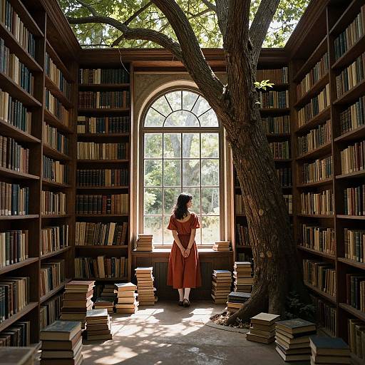 Photograph of a woman in a red dress standing in a sunlit library, facing large arched window, surrounded by stacks of books and a large