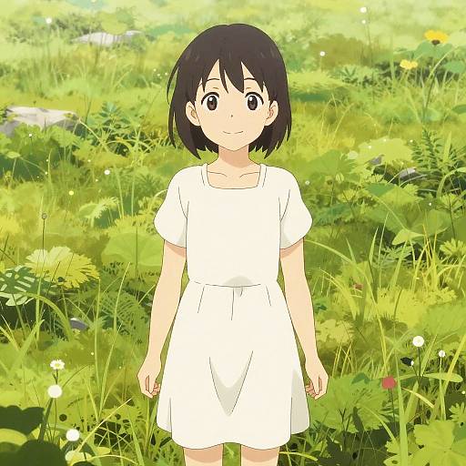 Anime Girl in White Summer Dress in Meadow