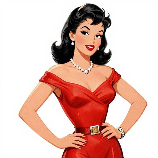 Vintage-style digital illustration of a confident woman with black hair, red off-shoulder dress, pearl necklace, earrings, and belt, smiling with hands