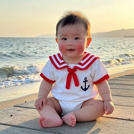Photograph of a chubby Asian baby with black hair, sitting on a wooden pier at sunset, wearing a white sailor shirt with red stripes and an anchor