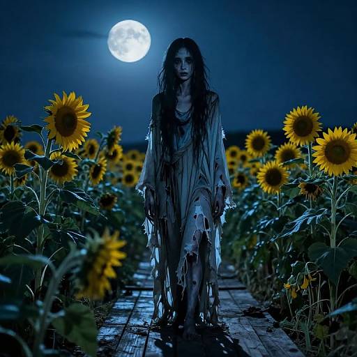 Photograph of a ghostly, tattered figure with long dark hair standing in a moonlit sunflower field, illuminated by a full moon.