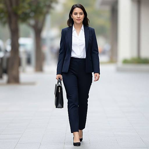 Photograph of a confident woman with dark hair, wearing a black blazer, white shirt, black pants, and black heels, holding a black hand