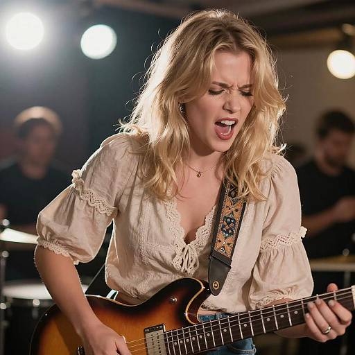 Blonde Woman Passionately Playing Guitar