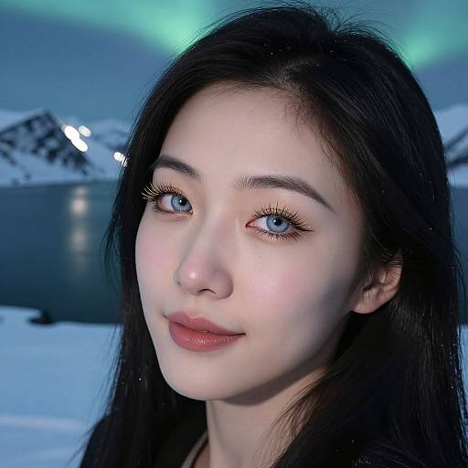 Photograph of an East Asian woman with long black hair, light skin, blue eyes, and pink lips, set against a snowy landscape with green aur