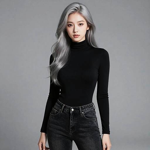 Young Woman with Silver Hair in Black Turtleneck