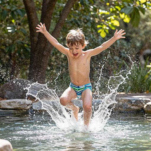 Photograph of a young boy with light brown hair, shirtless, wearing blue-green striped swim trunks, jumping joyfully into a sunlit,