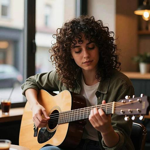 Photograph of a curly-haired woman with light brown skin, wearing a green jacket, playing an acoustic guitar in a warmly lit café.