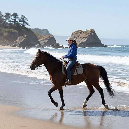 Photograph of a woman in a blue jacket and beige hat riding a brown horse along a sunny beach with waves and rocky cliffs in the background.