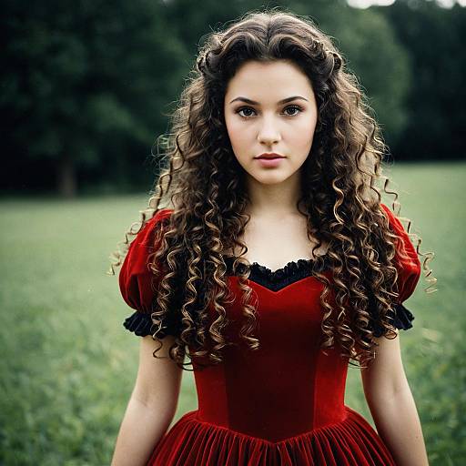 Young Woman in Red Princess Dress Outdoors