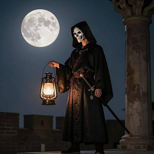 Masked Figure Holding Lantern Under Full Moon