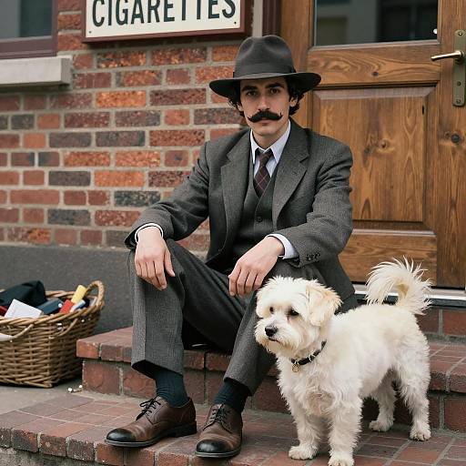 Stylish Man with Dog on Steps