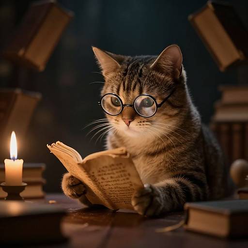 Photograph of a tabby cat with round glasses, reading a book by candlelight, surrounded by books in a dimly lit room.