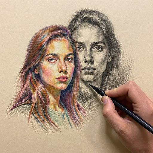 Color sketch of a young woman with pinkish-brown hair, realistic black-and-white sketch behind, hand holding pencil in foreground.