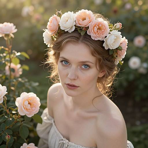 Photograph of a young woman with blue eyes, fair skin, and wavy brown hair, wearing a flower crown with pink and white roses, and