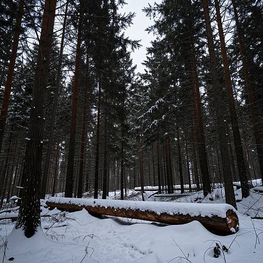 Photograph of a snowy forest with tall, dark pine trees, a large fallen log covered in snow in the foreground.