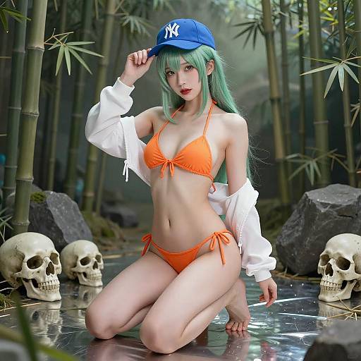 Green-Haired Anime Woman in Mystical Bamboo Room