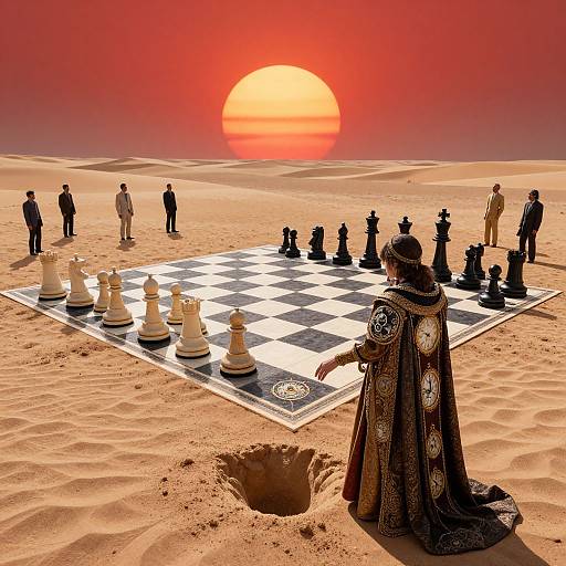 Desert chess scene at sunset; robed figure in ornate cloak makes move on giant chessboard, surrounded by silhouetted players.