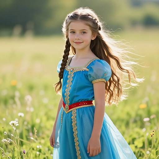 Joyful Girl in Braided Hair and Blue Dress