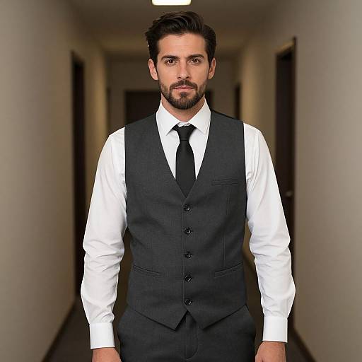 Photograph of a handsome man with dark hair and beard, wearing a black vest, white shirt, and black tie, standing in a dimly lit