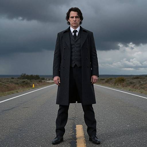 Photograph of a serious man with curly black hair, wearing a black three-piece suit and long coat, standing on a deserted, cloudy road.