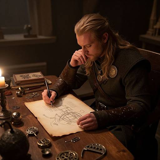 Medieval man with long blonde hair, in dark, ornate robe, writes intricate map by candlelight, surrounded by brass gears and tools. Phot