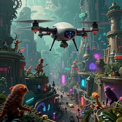 Digital art: futuristic cityscape with flying drone, neon lights, towering buildings, anthropomorphic monkeys, and various alien-like creatures navigating busy streets.