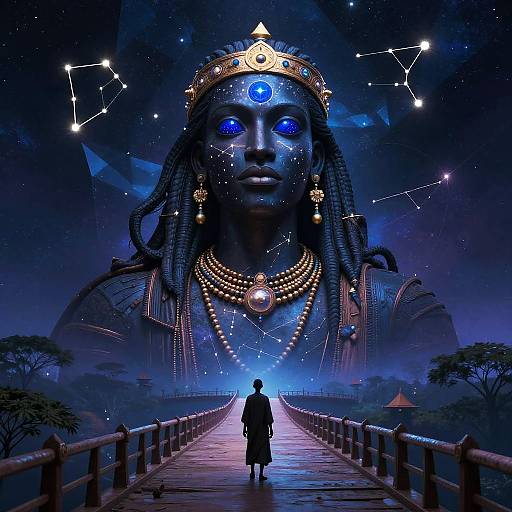 Digital artwork of a silhouetted figure on a wooden bridge, facing a colossal, blue-skinned deity with glowing blue eyes, adorned with jewelry