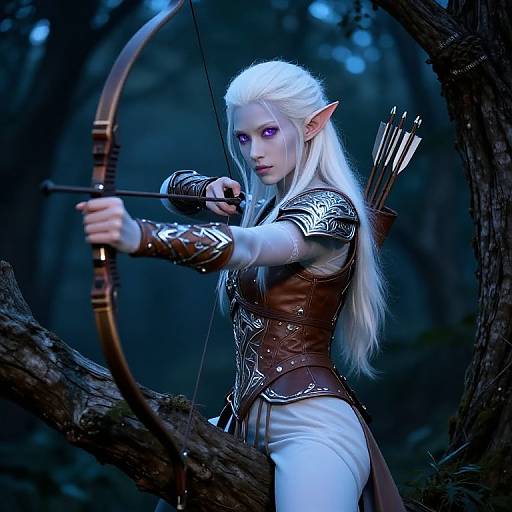 Digital artwork of a white-haired, elf archer with glowing purple eyes, drawing a bow in a dark forest. She wears brown leather armor and white
