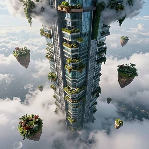 Futuristic, towering skyscraper with lush, floating gardens on each floor, surrounded by cloud-covered floating islands, set against a bright, cloudy sky