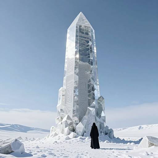 Photorealistic CGI of a tall, geometric, crystal-like ice structure with intricate patterns, standing in a snowy landscape under a clear blue sky. A