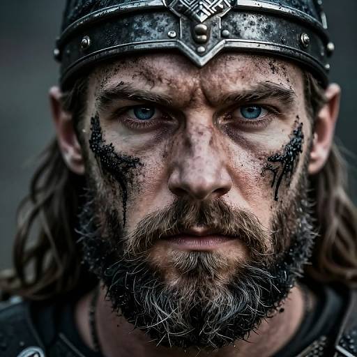 Close-up photograph of a rugged, bearded man with intense blue eyes, wearing a metallic Viking helmet, black war paint on his cheeks, and a