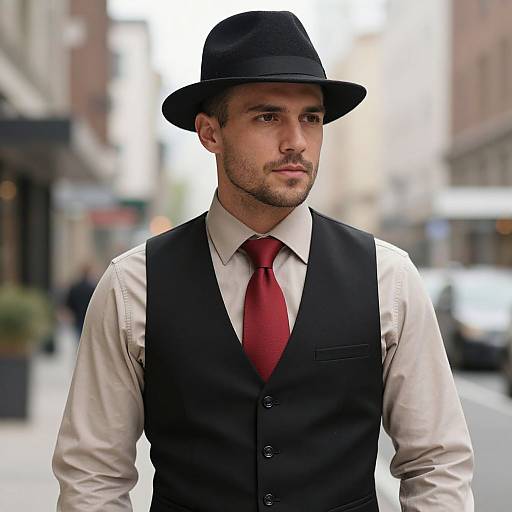 Photograph of a handsome man with light skin, dark eyes, and trimmed beard, wearing a black hat, white shirt, red tie, and black