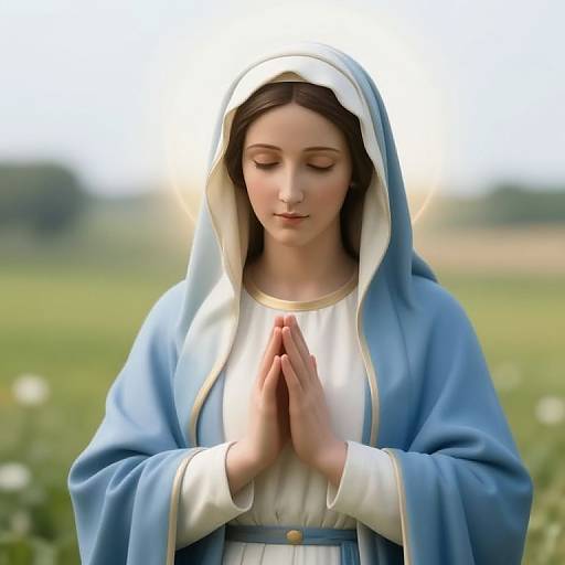 Photorealistic digital artwork of a serene young woman with closed eyes, praying with hands together, wearing a blue and white cloak, in a sunny,