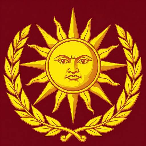 Golden sun emblem with a human face, surrounded by a laurel wreath, on a deep red background. Digital art style.