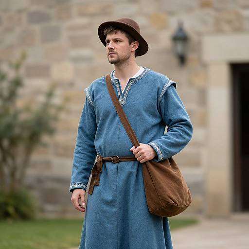 Photograph of a bearded man in a blue medieval-style tunic, brown hat, and leather satchel, standing in front of a stone