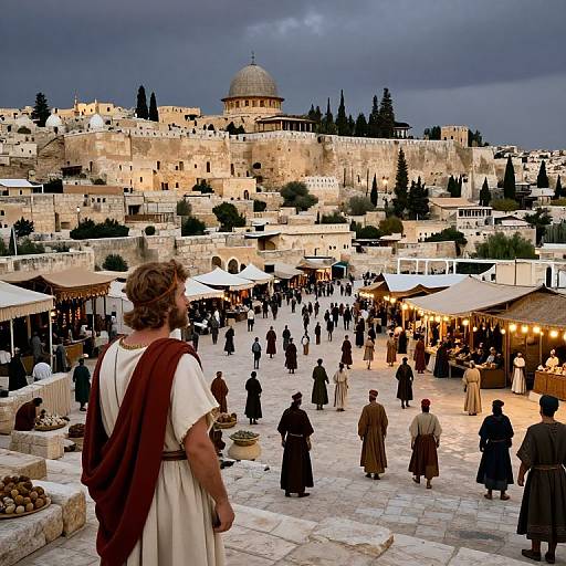 Photograph of a historical market in Jerusalem at dusk, with a bearded man in ancient Roman attire observing bustling stalls and people under a cloudy sky,